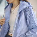 GETADME Maden Casual Blue White Striped Hooded Shirt Women's Spring Seersucker Vacation Style Blouse Lightweight Layering Beach Shirts