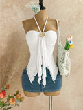 GETADME Women Halter Strapless Ruched Front Tie Ruffled Irregular Hem Slim Fit Cami Top Casual Going Out Fashion Top