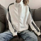 GETADME Spring Autumn New Three Bars Jacket Women's Thin Baseball Style Loose Bf Trendy Black Coat for Students Casual Outerwear