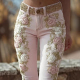 GETADME Spring Autumn New Women's High Waist Rose Embroidery Beaded Denim Pants Versatile Comfortable Casual Trendy Commuting Daily Wear