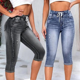 GETADME Denim Jeggings Women's 3/4 Short Jeans Pants Leggings Summer 2025 Breeches Harajuku High Waist Korean Vintage Mom Pants