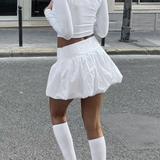 GETADME Women Lantern Mini Skirts Summer Casual Loose Fitting Elastic Waist Solid Color Short Puffball Skirt Sweet Style Skirts Girls