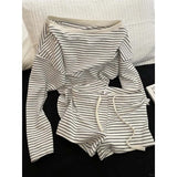 GETADME Striped Sleepwear Women Pajama Shorts Sets Long Sleeve Piiama Casual 2 Pieces Night Wears Summer Korean Casual Home Suit 2025