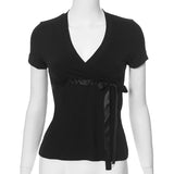 GETADME Lady Deep V Neck Solid Color Bowknot Sweet Girl's Summer Skinny Lace Up T shirts Short Sleeve Sexy Pullover Top 2025 Clubwear