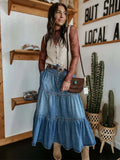GETADME Bohemia Maxi Long Skirts Women Spring Summer Elastic High Waist Jean Skirt Ladies Vintage A-Line Ruffle Pleated Denim Skirts