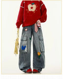 GETADME Embroidered Harajuku women's jeans American casual style retro straight leg high street wide leg pants Y2k loose jeans for womem