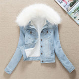 GETADME 2025 Autumn Winter Fleece Denim Jacket Women Big Fur Collar Short Coat Thicken Velvet Liner Warm Tops Lady Jean Coat Outerwear