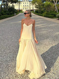 GETADME Solid Women Patchwork Suspender Maxi Dress Fashion V-neck Sleeveless Pleated Long Dresses Summer Female Chic Holiday Vestido