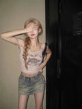 Getadme Été Femme Dark Academia Coquette Esthétique Années 2000 Débardeur moulant Gyaru Faux Deux Pièces Crop Tops Sexy Kpop Kawaii Y2K