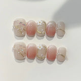 GETADME 10Pcs Pink Handmade Press On Nails Full Cover Bear Heart Design Short Round Rhinestone False Nails Wearable Manicure Nail Tips