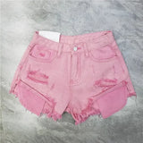 GETADME 2026 Summer New  Tassel Ripped Denim Shorts Women High Waist A-shaped y2k Shorts Pink Blue