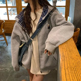 GETADME Brown Zip Up Hoodie Women 2025 Autumn Lattice stitching Long Sleeve Casual Oversized Sweatshirt Solid Jacket Women Clothing