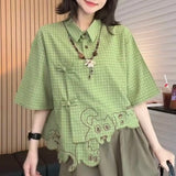 GETADME Women Y2K Streetwear Green Plaid Short Sleeve Shirt Cat Embroidery Asymmetrical Hem Frog Button Casual Loose Fit Couple Top 2026