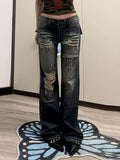 GETADME American style spicy girl design with rivet splicing jeans, women new retro distressed distressed floor length pants
