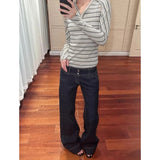 GETADME Women's American Blue Button Design Jeans Low Waist Straight Leg Loose Wide Leg Drapey Long Pants Y2K Style Slimming Denim