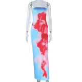 GETADME Summer Holiday Sexy Strapless Tie Dye Floral Tube Dress Women Off Shoulder Open Back Beach Trend Bodycon Stretchly Maxi Dresses
