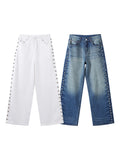 GETADME 2025 New Women's Low Rise Wide Leg Denim Jeans Pant With Chic Studs-Embellished Side Detail High Street Stylish Female Trousers