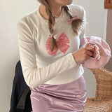 Getadme-Cute Bow Print Cropped Top White Coquette Slim-fit Long Sleeve T-shirts Sweet Casual Basic Knitted Tops Y2K Autumn 2023