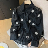 GETADME Spring Summer Long Sleeve Sequins Petals Applique White Beige Mesh Shirts and Blouses For Women Sexy See- through Tops