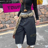GETADME 여성용 Y2K 유럽 및 미국 힙합 레오파드 프린트 패치워크 청바지 대형 포켓 스트레이트 와이드 레그 루즈 크롭 팬츠
