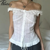 GETADME Phantasy Y2K Women Tops White Lace T-Shirt Button Tees Vintage French Style Tops 2025 Spring Summer Tops Female Streetwear