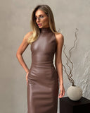 GETADME 유럽 및 미국 스타일 패셔너블 PU 가죽 솔리드 컬러 스플라이싱 슬리브리스 스탠드 칼라 슬림 핏 스플릿 힙 드레스