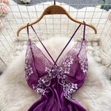 Getadme-여성용 나이트 드레스 민소매 등받이 없는 포르노 파자마 플로럴 레이스 에로틱 나이트웨어+끈 팬티 새틴 섹시 짧은 투명 드레스