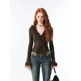 Getadme Elegant Vintage V-neck Lace Up Furry Plush Cardigan Women Spring Crop Top Long Sleeve Sweaters Sexy Slim Fit Bottoming Tops