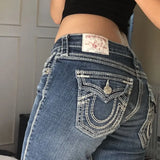 GETADME Harajuku High Waist Straight Y2k Denim Pants Wide Leg Jeans Vintage Buddha Embroidered Jeans Casual High Street Women Clothing