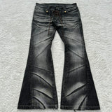 GETADME Y2K Distressed Flare Jeans Gothic Men Double Waist Lace Up Denim Pants Retro Washed Scratches Streetwear Unisex Bootcut Jeans
