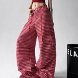 GETADME Summer Wide Leg Pants Women Red Plaid Loose Casual Streetwear Lace Up Trouser Vintage Lazy Wind Sports Straight Sweatpants New