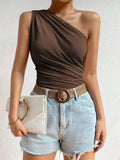 GETADME Women One Shoulder Pleated Tank Top Summer Solid Sleeveless Ruched T-shirt Streetwear Off the Shoulder Top