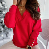 GETADME Spring Autumn Women Pure Soft Long Sleeve Sweater V-neck Fashion Jumper Office Lady Button Loose Casual Pullover Top Sweaters
