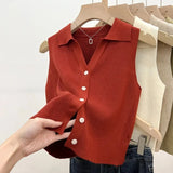 GETADME 여름 시크 아이스 실크 니트 폴로 라펠 씬 슬림핏 실루엣 탱크 아우터 베스트 여성용 숄더 베스트 노슬