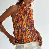 GETADME Combhasaki Women's Y2K Button Closure Halter Neck Crop Tops Sleeveless Backless Aesthetic Dots/Tie-dye Flower Print Summer Vests