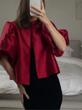 GETADME Solid Satin New Women's Blouse Top With Pouf Balloon Sleeve Spring Summer Female Sleeves O Neck Loose Short Shirt Female Blouses