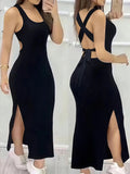 GETADME Women's Summer Solid Color Backless Cross-Strap Sexy Dress