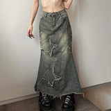 GETADME SUCHCUTE Y2k Patchwork Denim Long Skirt Women Retro Slim Ripped Mid-Waisted Mermaid Hem Skirts Fashion Tassel Irregular Skirt