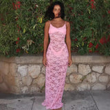 Women Elegant Party Club Evening Streetwear pink Lace See Through Long Dress 2024 Summer Wholesale Items For Business 866