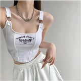 GETADME Women Embroid Letter Tank Tops With Bra Pad Casual Camis Y2K Crop Tops For Women Shoulder Belt Iron Ring Tank Tops