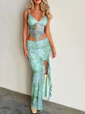 Getadme -Y2K Women Summer Tube Top Long Skirt Set Slim Fit Sleeveless Floral Vest Split Casual Long Skirts Sexy Outfits