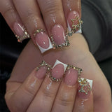 GETADME 24개입 짧은 사각형 가짜 손톱 프렌치 3D 리본 디자인 착용 가능 풀 커버 네일 팁 글리터 엣지 인조 프레스온 가짜 손톱 아트