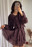GETADME Brown Ruffles Mini Dress Women V-neck Long Lantern Sleeve Pleated Party Dresses Female 2025 Spring Summer Mesh Short Vestidos
