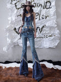 Getadme New Spring Autumn Streetwear Harajuku Punk Gothic Hot Girl Blue Bandage Stitching Denim Pants Fashion High Waist Slim Pant