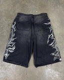 GETADME American Retro Gothic Halloween Geometry Graffiti Print Denim Shorts Men Women Y2k Low Waist Baggy Knee Length Jeans Jorts Short