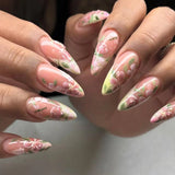 GETADME 24pcs Spring Day Sweet False Nails Cute Pink Flower Star Pearl Designs Press On Nails Stripes French Style Almond Fake Nail