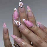 GETADME 24Pcs 3D Strawberry Rabbit Flower Fake Nails Press on Mid-length Almond Wearable False Nails Green Gradient Pearl Manicure Tips