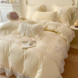 GETADME 3/4Pcs Korean Princess-Style Bow Lace Ruffle Green Bedding Set 2-Person Boiled Cotton Bed Linen Duvet Cover Pillowcase Included