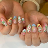 Getadme 24pcs Cute Cartoon Fake Nail Tips Oil Painting Series Printed Almond Press On Nail Sweet Cool Charming False Nail For Spicy Girl