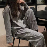 GETADME Pajamas for Women in Spring and Autumn Long Sleeved Striped Thin Design Can Be Worn Externally Student Sleepwear Two Piece Set